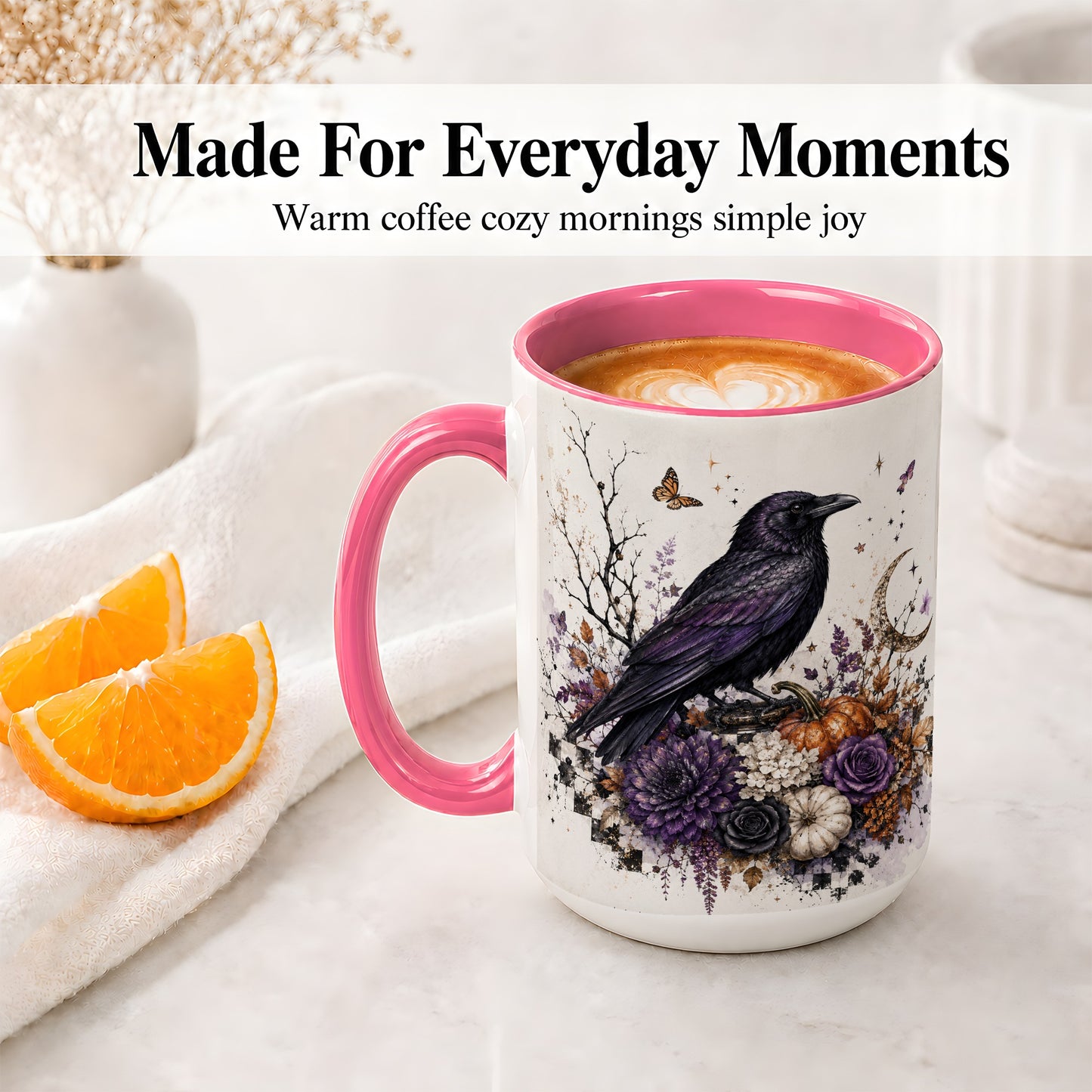 #pl[15oz|Pink] Raven Moon Ceramic Coffee Cup, Mug with Purple Pumpkin Artwork