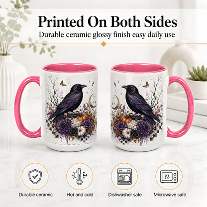 #pl[15oz|Pink] Raven Moon Ceramic Coffee Cup, Mug with Purple Pumpkin Artwork