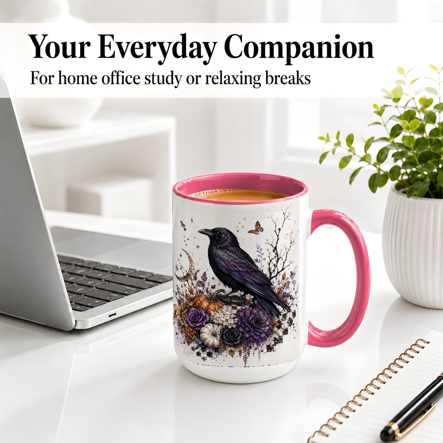 #pl[15oz|Pink] Raven Moon Ceramic Coffee Cup, Mug with Purple Pumpkin Artwork