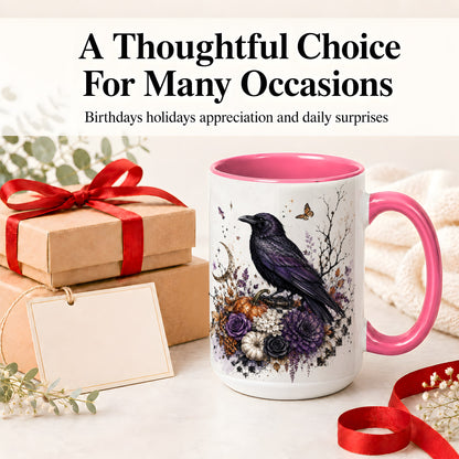 #pl[15oz|Pink] Raven Moon Ceramic Coffee Cup, Mug with Purple Pumpkin Artwork
