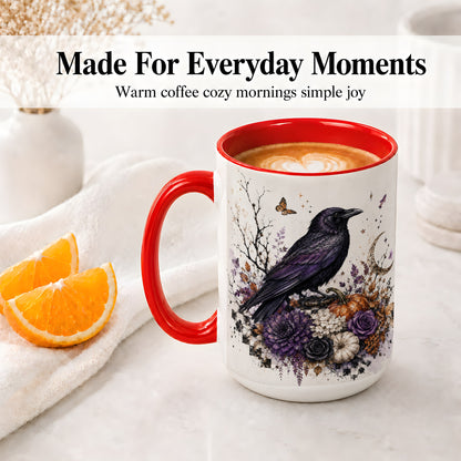 #pl[15oz|Red] Raven Moon Ceramic Coffee Cup, Mug with Purple Pumpkin Artwork