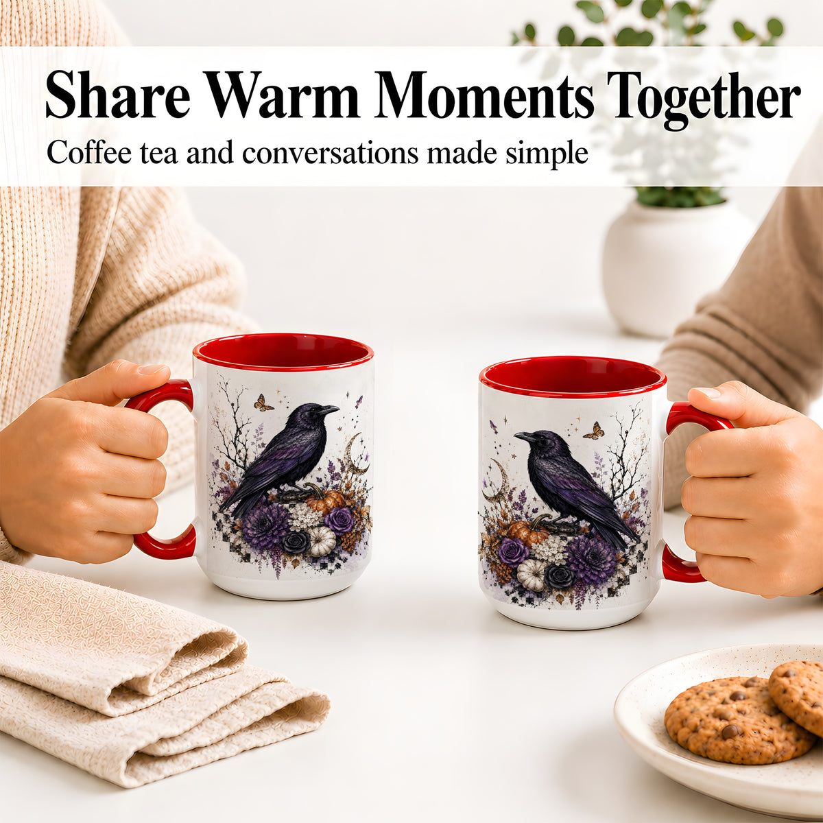 #pl[15oz|Red] Raven Moon Ceramic Coffee Cup, Mug with Purple Pumpkin Artwork