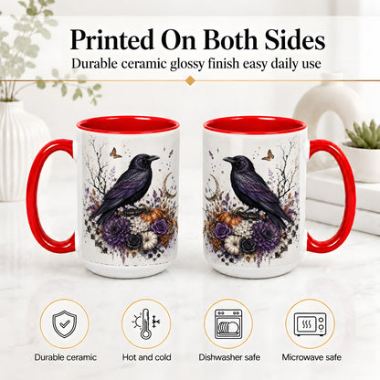 #pl[15oz|Red] Raven Moon Ceramic Coffee Cup, Mug with Purple Pumpkin Artwork