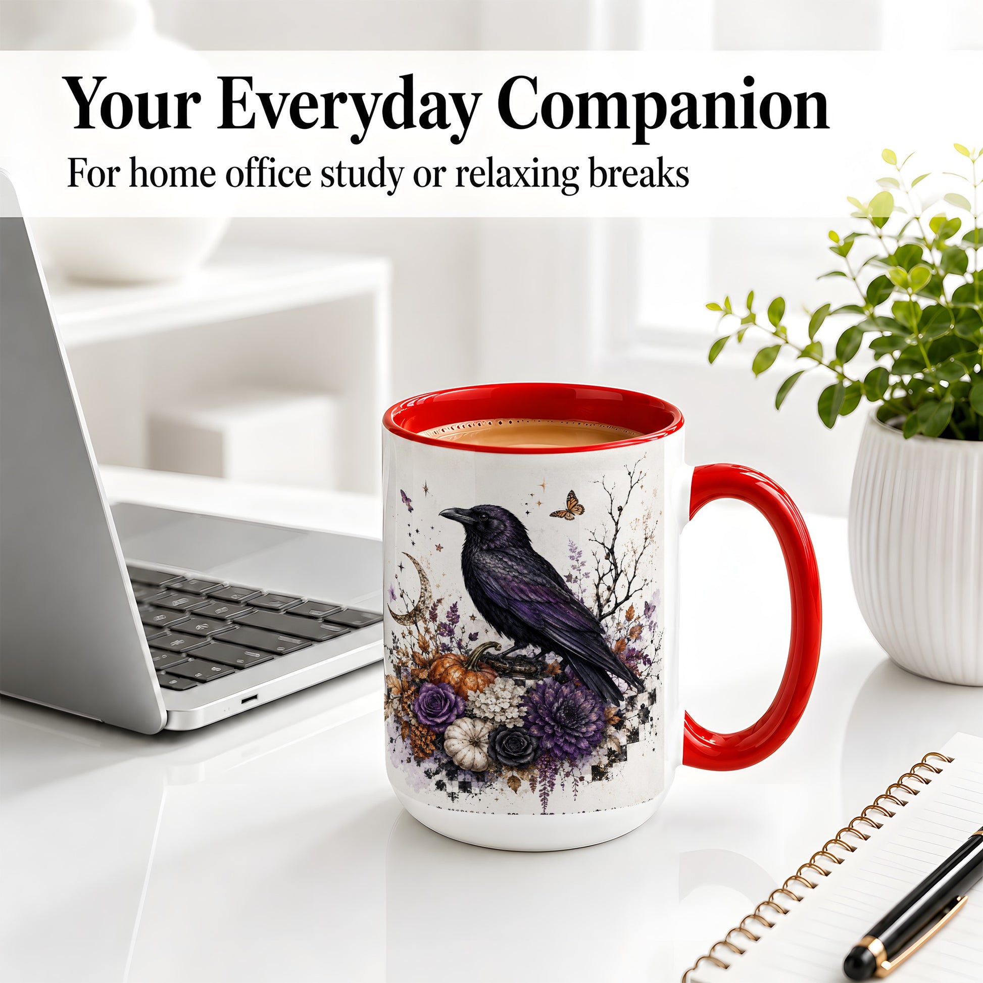 #pl[15oz|Red] Raven Moon Ceramic Coffee Cup, Mug with Purple Pumpkin Artwork