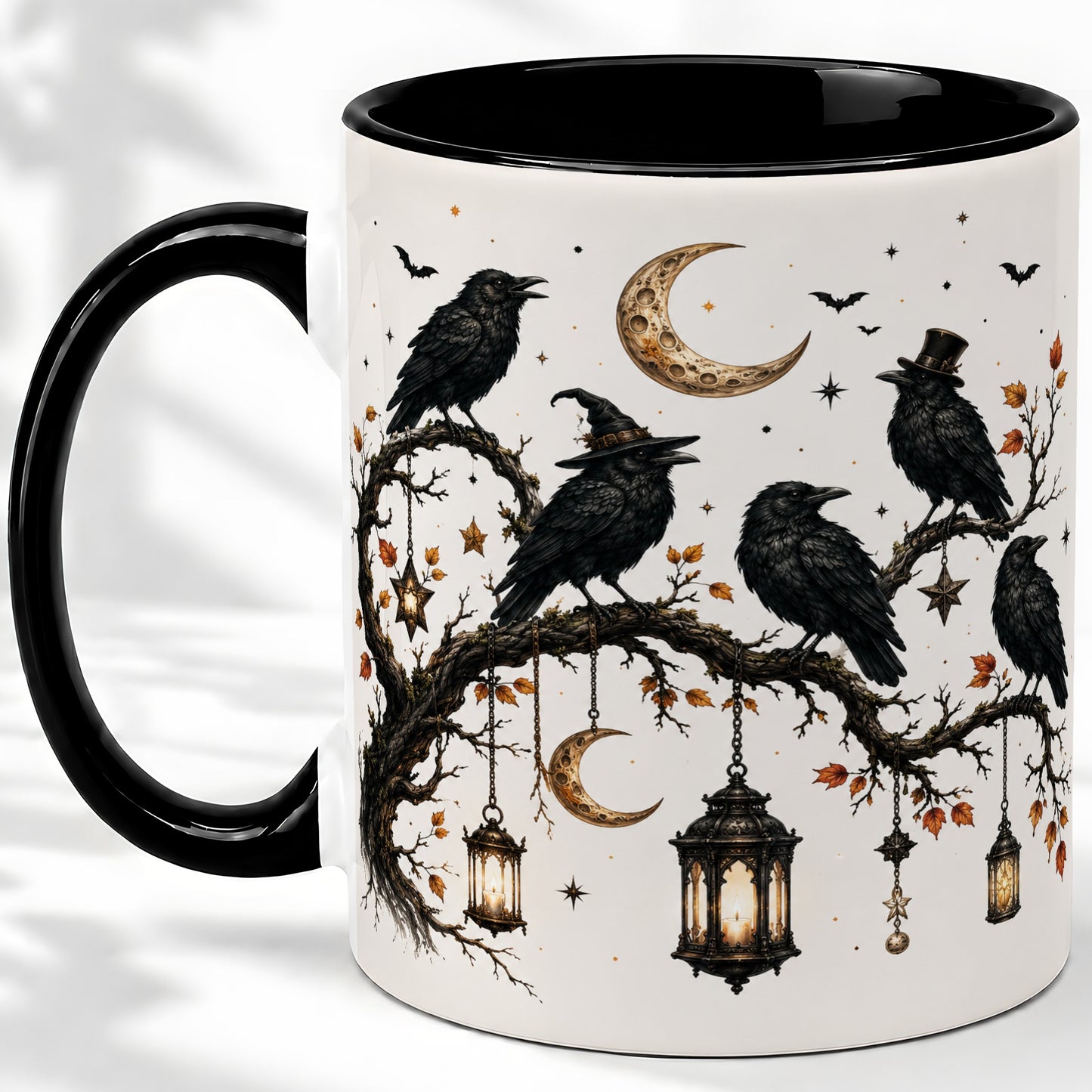 #pl[11oz|Black] Witchy Raven Ceramic Coffee Cup, Mug with Moon Lantern Artwork