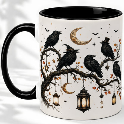 #pl[11oz|Black] Witchy Raven Ceramic Coffee Cup, Mug with Moon Lantern Artwork