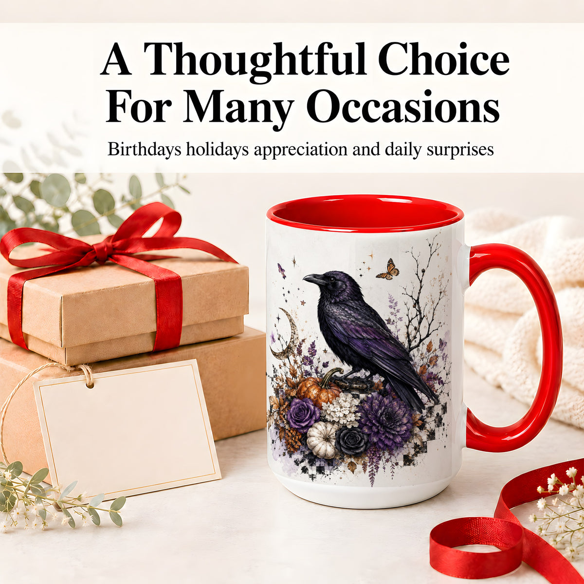#pl[15oz|Red] Raven Moon Ceramic Coffee Cup, Mug with Purple Pumpkin Artwork