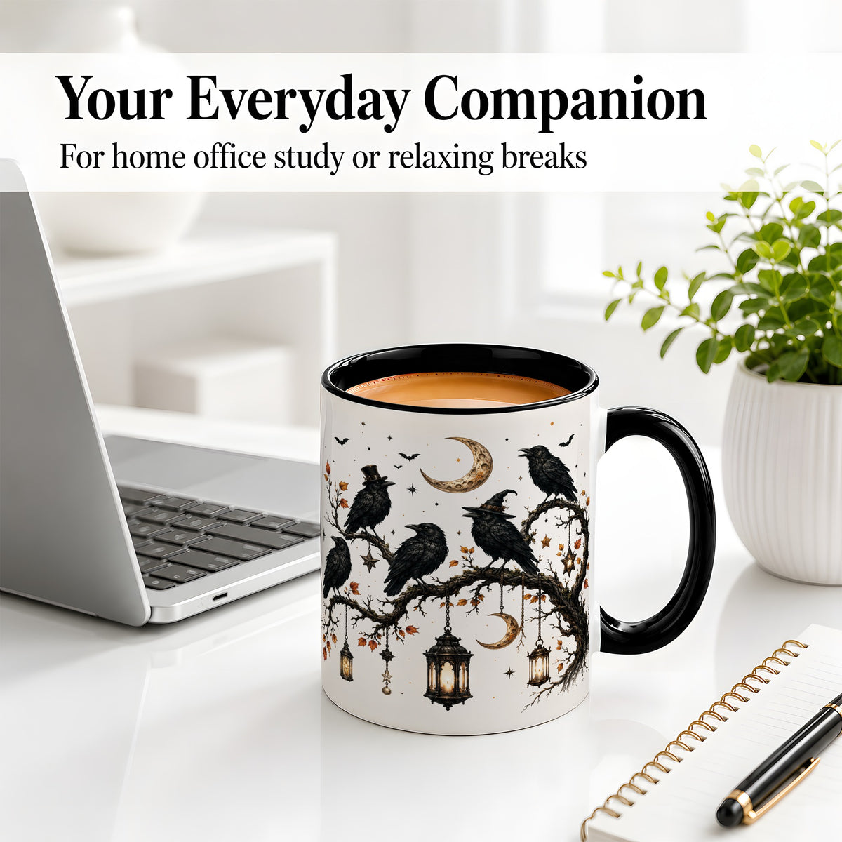 #pl[11oz|Black] Witchy Raven Ceramic Coffee Cup, Mug with Moon Lantern Artwork