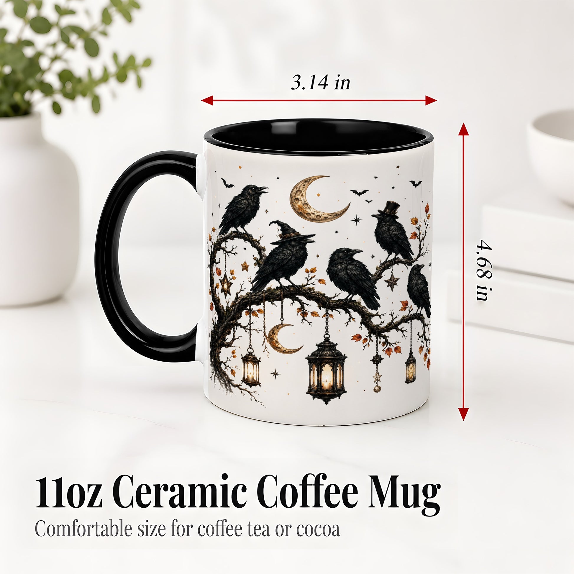 #pl[11oz|Black] Witchy Raven Ceramic Coffee Cup, Mug with Moon Lantern Artwork
