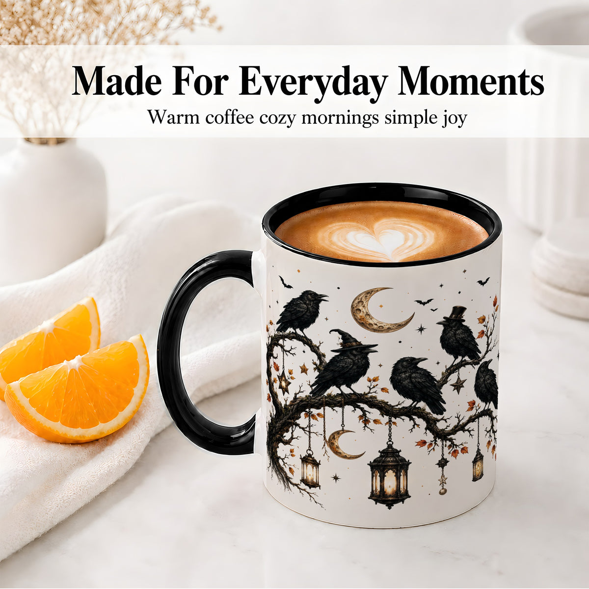 #pl[11oz|Black] Witchy Raven Ceramic Coffee Cup, Mug with Moon Lantern Artwork