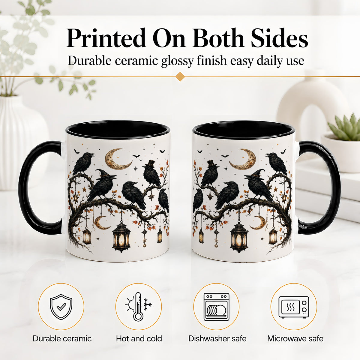 #pl[11oz|Black] Witchy Raven Ceramic Coffee Cup, Mug with Moon Lantern Artwork