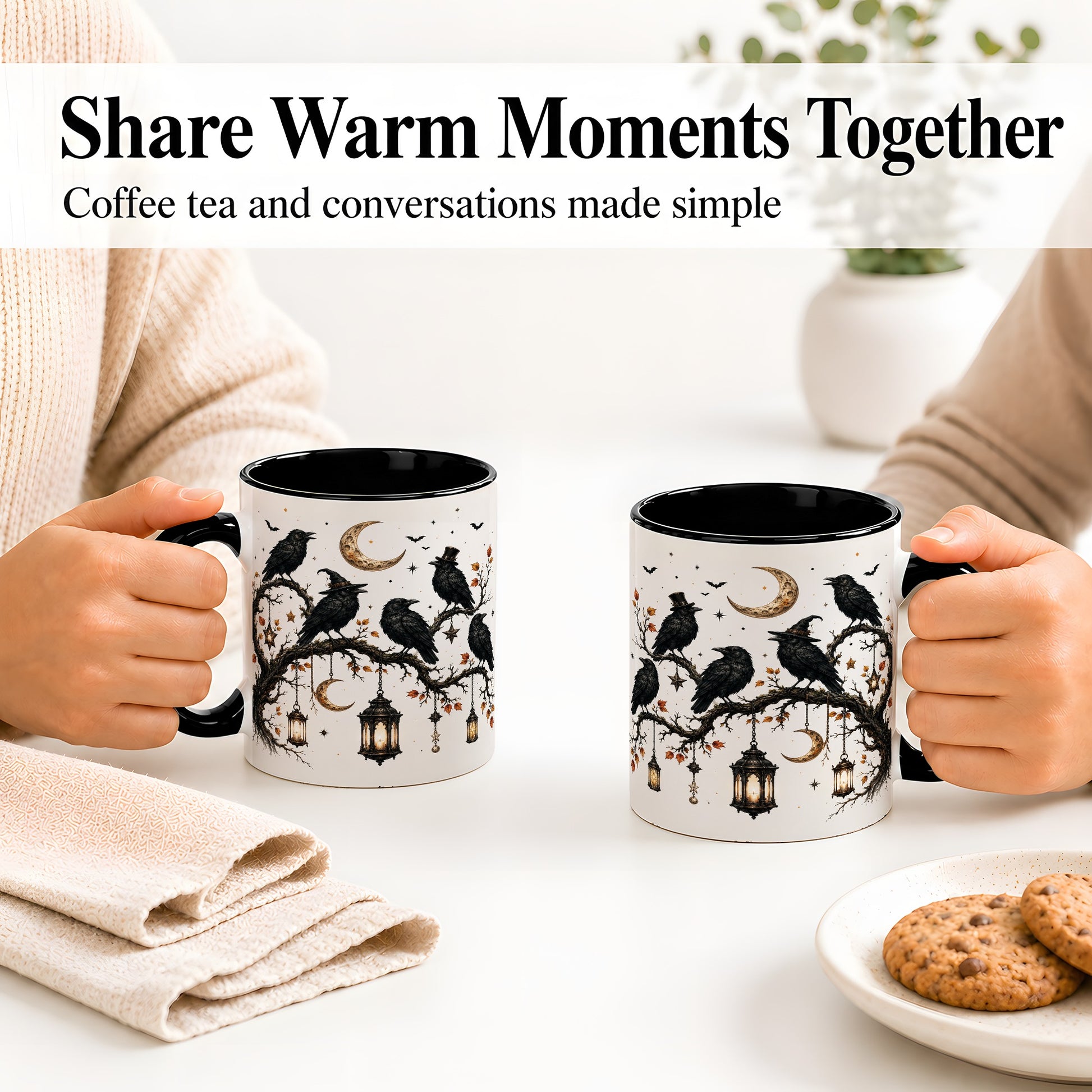#pl[11oz|Black] Witchy Raven Ceramic Coffee Cup, Mug with Moon Lantern Artwork