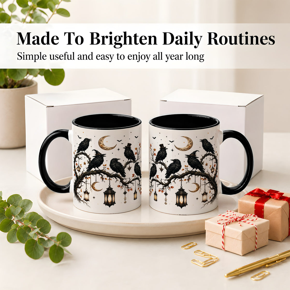 #pl[11oz|Black] Witchy Raven Ceramic Coffee Cup, Mug with Moon Lantern Artwork