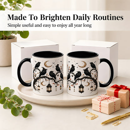 #pl[11oz|Black] Witchy Raven Ceramic Coffee Cup, Mug with Moon Lantern Artwork