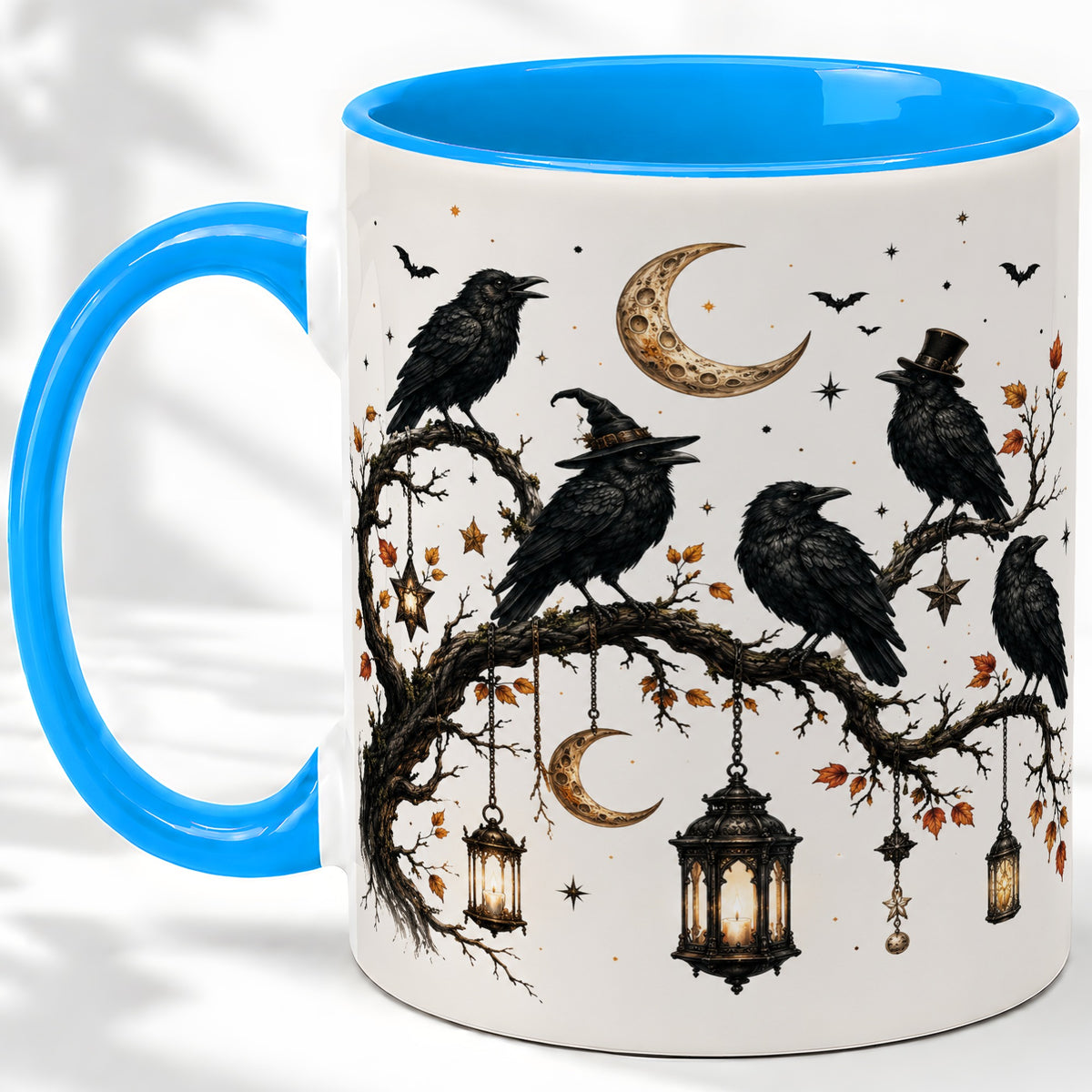 #pl[11oz|Blue] Witchy Raven Ceramic Coffee Cup, Mug with Moon Lantern Artwork