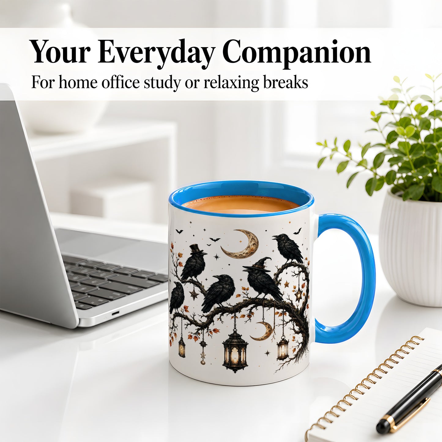#pl[11oz|Blue] Witchy Raven Ceramic Coffee Cup, Mug with Moon Lantern Artwork