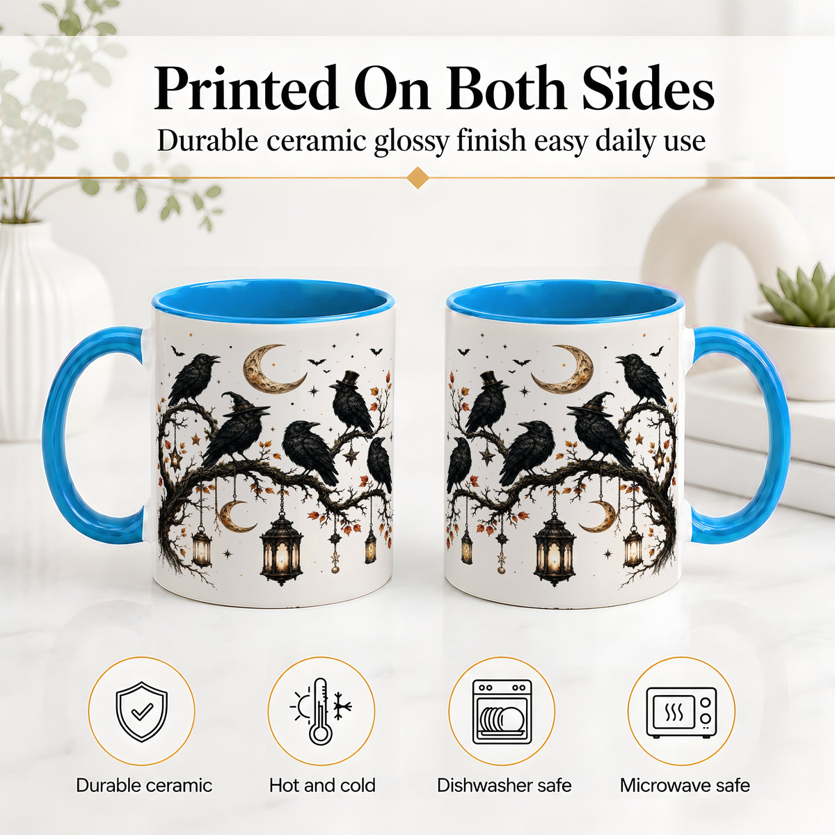#pl[11oz|Blue] Witchy Raven Ceramic Coffee Cup, Mug with Moon Lantern Artwork