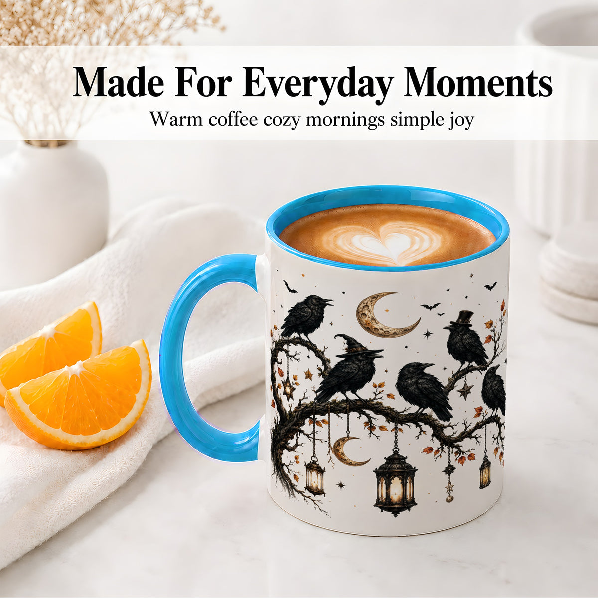 #pl[11oz|Blue] Witchy Raven Ceramic Coffee Cup, Mug with Moon Lantern Artwork