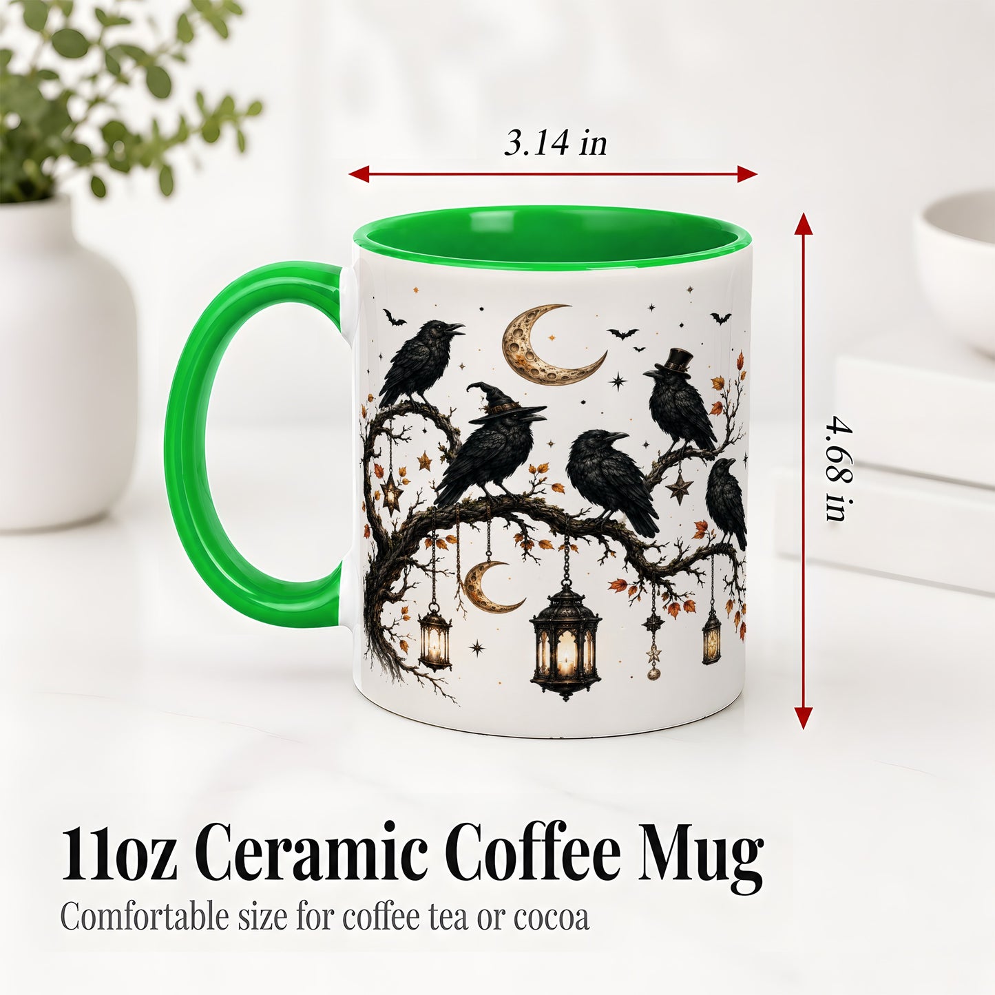 #pl[11oz|Green] Witchy Raven Ceramic Coffee Cup, Mug with Moon Lantern Artwork