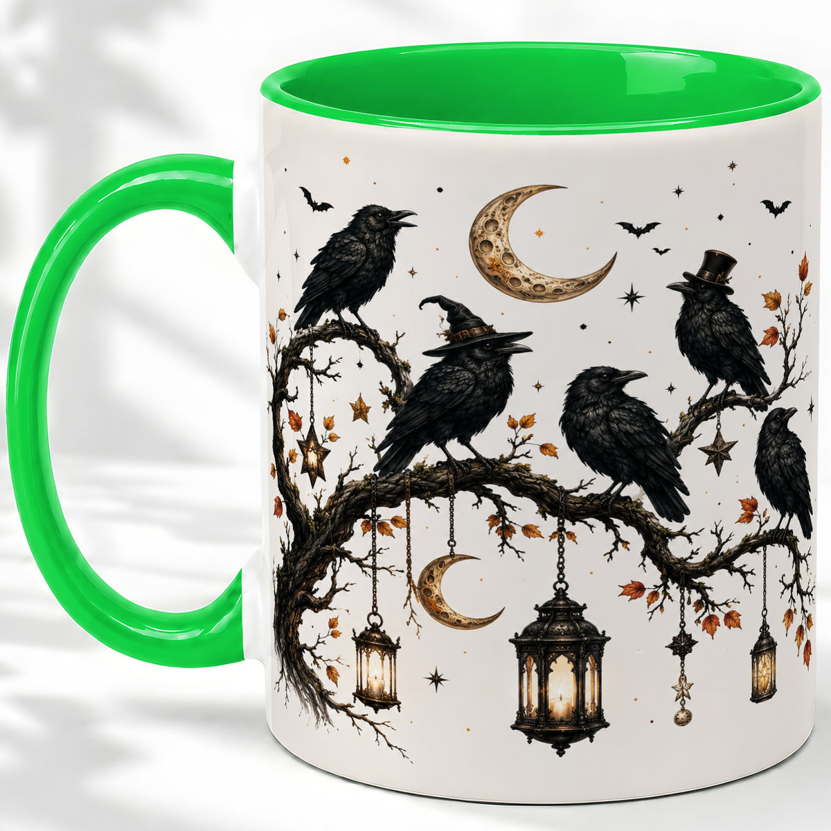 #pl[11oz|Green] Witchy Raven Ceramic Coffee Cup, Mug with Moon Lantern Artwork