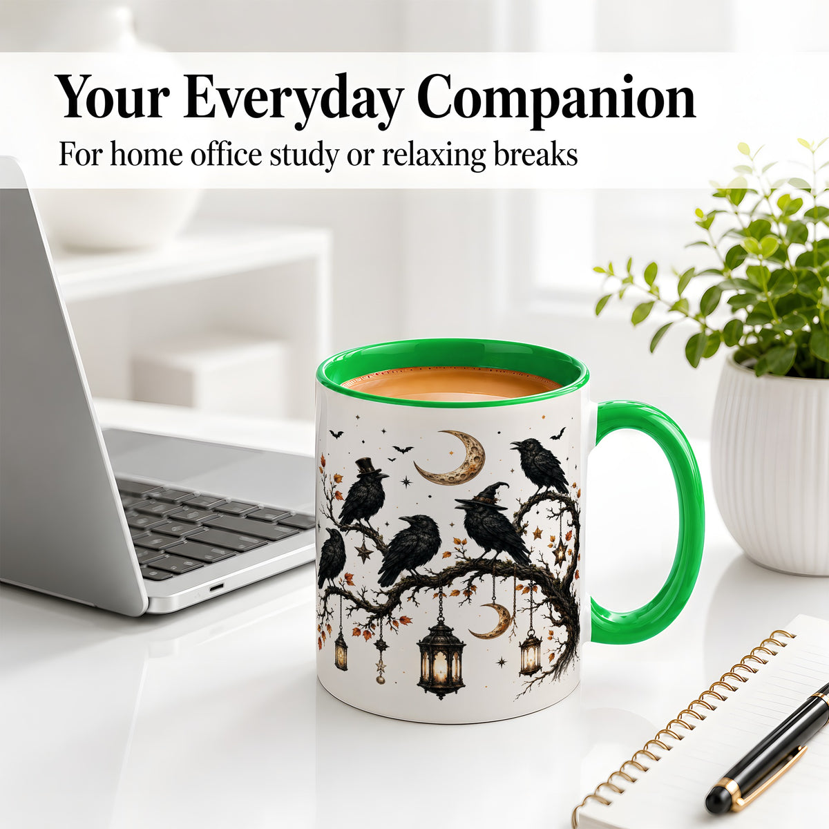 #pl[11oz|Green] Witchy Raven Ceramic Coffee Cup, Mug with Moon Lantern Artwork