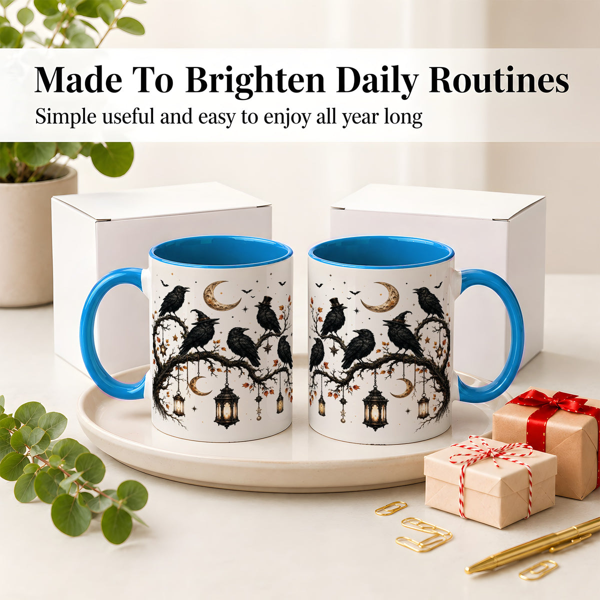 #pl[11oz|Blue] Witchy Raven Ceramic Coffee Cup, Mug with Moon Lantern Artwork