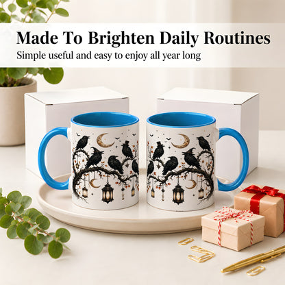#pl[11oz|Blue] Witchy Raven Ceramic Coffee Cup, Mug with Moon Lantern Artwork