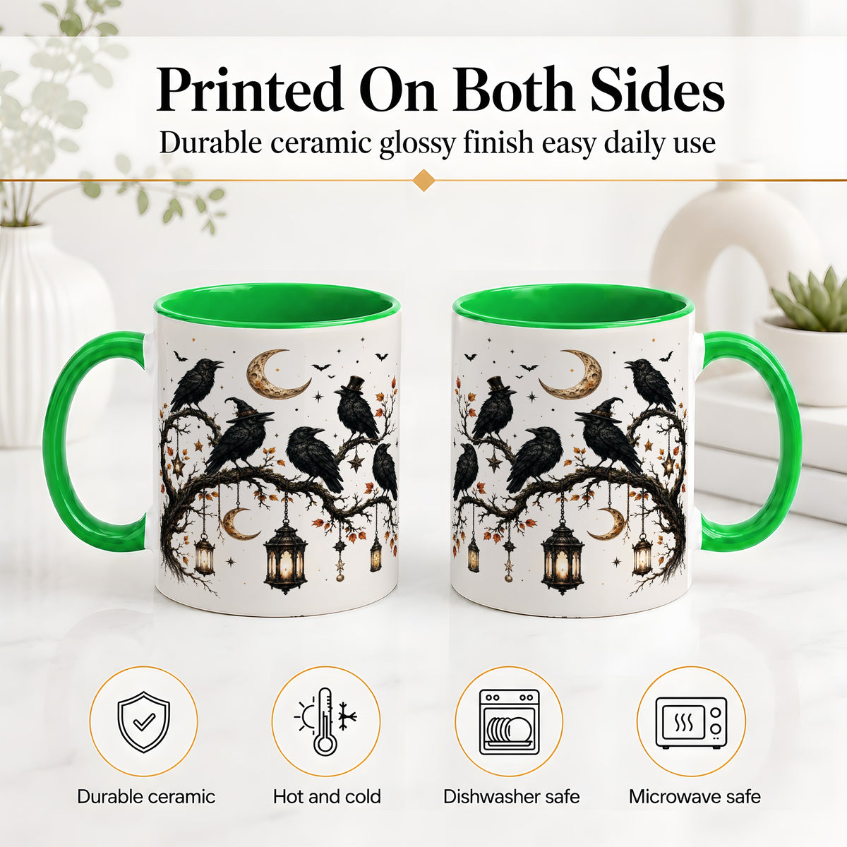 #pl[11oz|Green] Witchy Raven Ceramic Coffee Cup, Mug with Moon Lantern Artwork