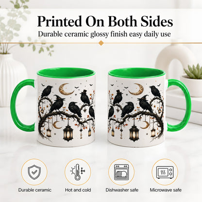 #pl[11oz|Green] Witchy Raven Ceramic Coffee Cup, Mug with Moon Lantern Artwork