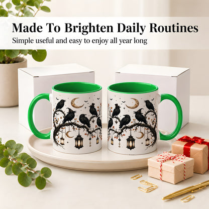 #pl[11oz|Green] Witchy Raven Ceramic Coffee Cup, Mug with Moon Lantern Artwork