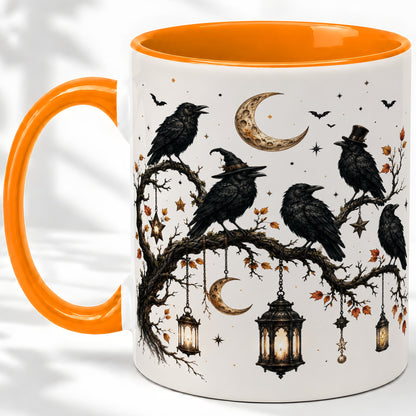 #pl[11oz|Orange] Witchy Raven Ceramic Coffee Cup, Mug with Moon Lantern Artwork