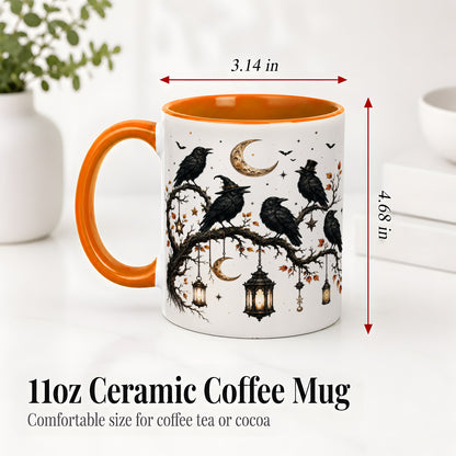 #pl[11oz|Orange] Witchy Raven Ceramic Coffee Cup, Mug with Moon Lantern Artwork