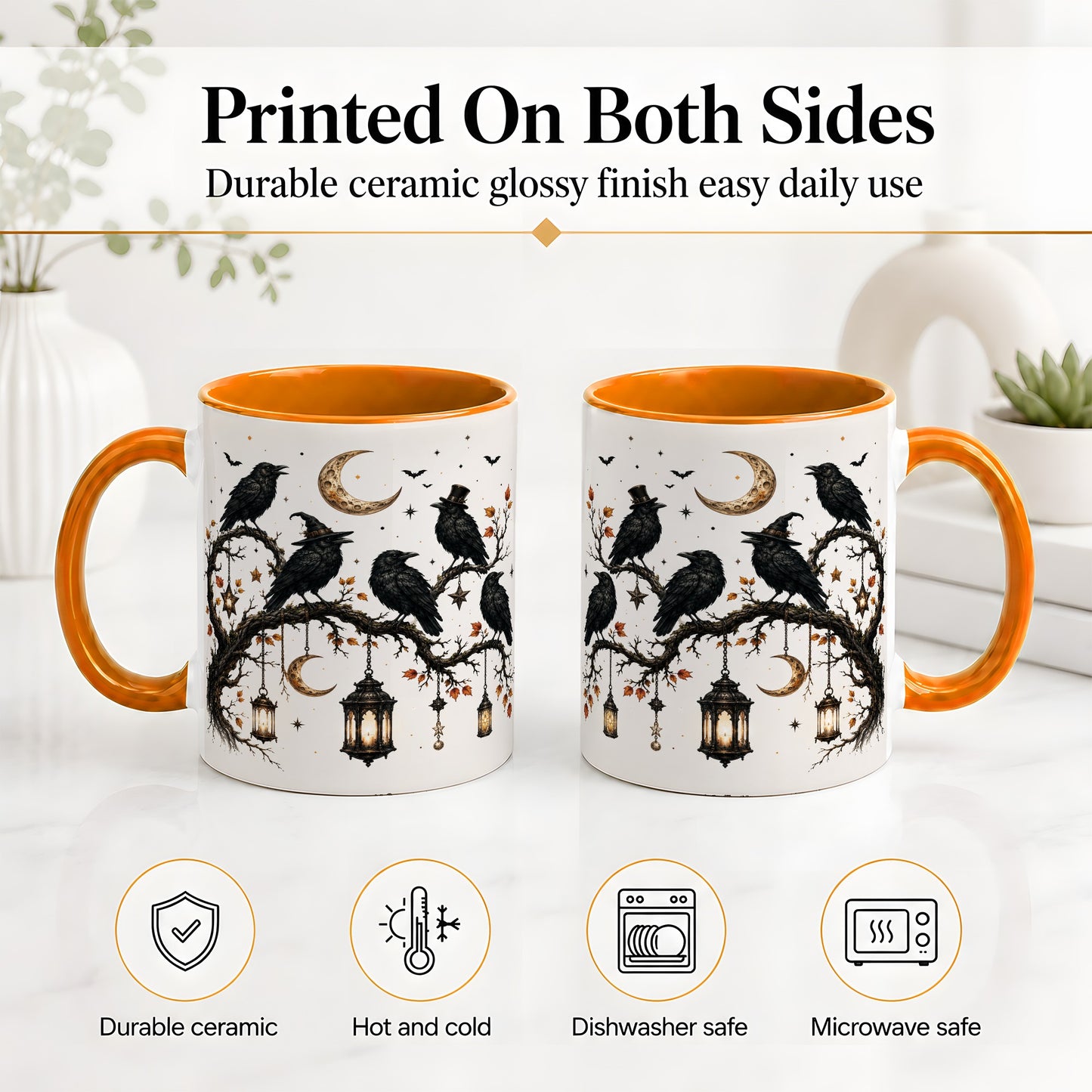#pl[11oz|Orange] Witchy Raven Ceramic Coffee Cup, Mug with Moon Lantern Artwork