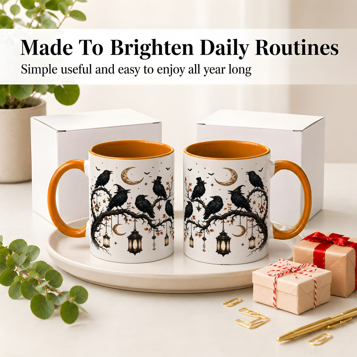 #pl[11oz|Orange] Witchy Raven Ceramic Coffee Cup, Mug with Moon Lantern Artwork