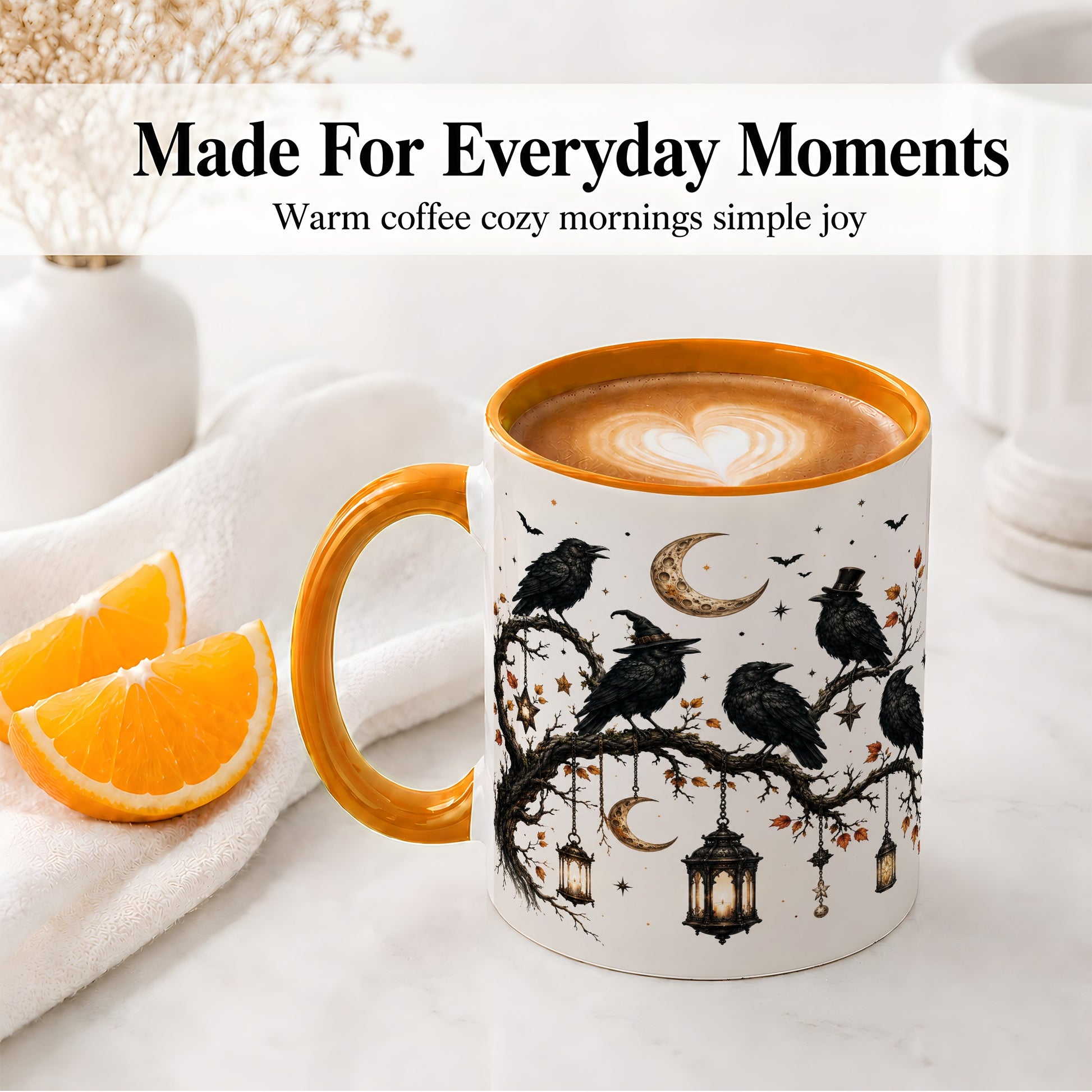 #pl[11oz|Orange] Witchy Raven Ceramic Coffee Cup, Mug with Moon Lantern Artwork