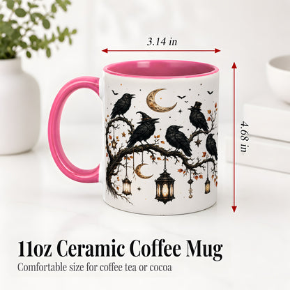#pl[11oz|Pink] Witchy Raven Ceramic Coffee Cup, Mug with Moon Lantern Artwork