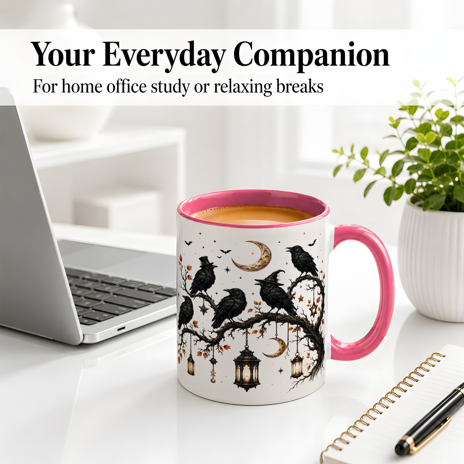 #pl[11oz|Pink] Witchy Raven Ceramic Coffee Cup, Mug with Moon Lantern Artwork