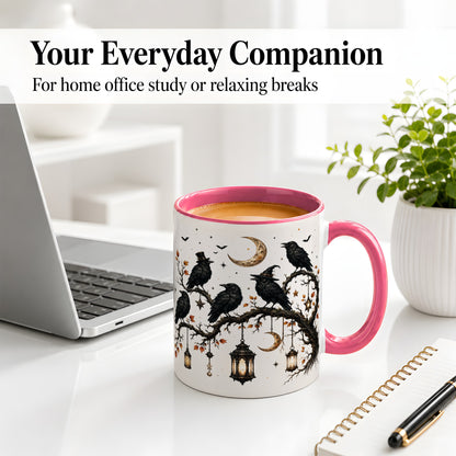 #pl[11oz|Pink] Witchy Raven Ceramic Coffee Cup, Mug with Moon Lantern Artwork