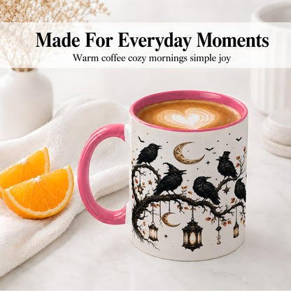 #pl[11oz|Pink] Witchy Raven Ceramic Coffee Cup, Mug with Moon Lantern Artwork