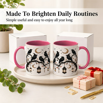 #pl[11oz|Pink] Witchy Raven Ceramic Coffee Cup, Mug with Moon Lantern Artwork