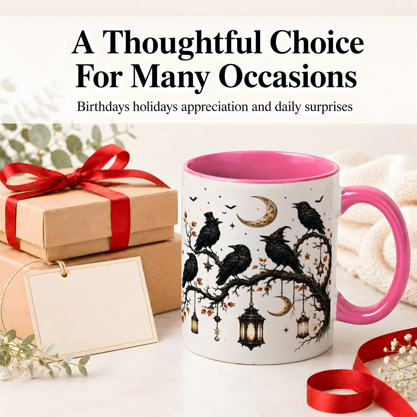 #pl[11oz|Pink] Witchy Raven Ceramic Coffee Cup, Mug with Moon Lantern Artwork