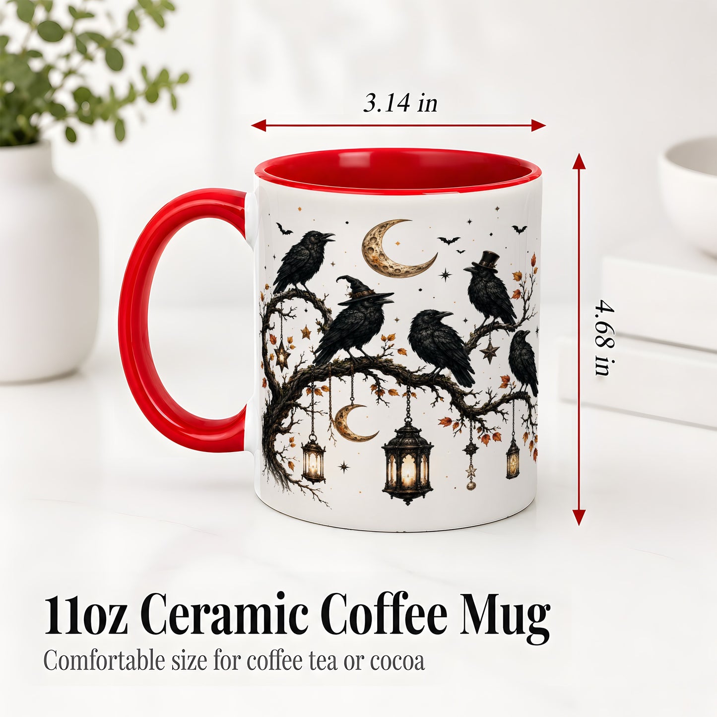 #pl[11oz|Red] Witchy Raven Ceramic Coffee Cup, Mug with Moon Lantern Artwork