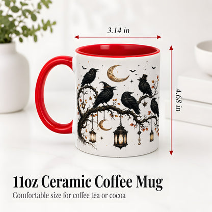 #pl[11oz|Red] Witchy Raven Ceramic Coffee Cup, Mug with Moon Lantern Artwork