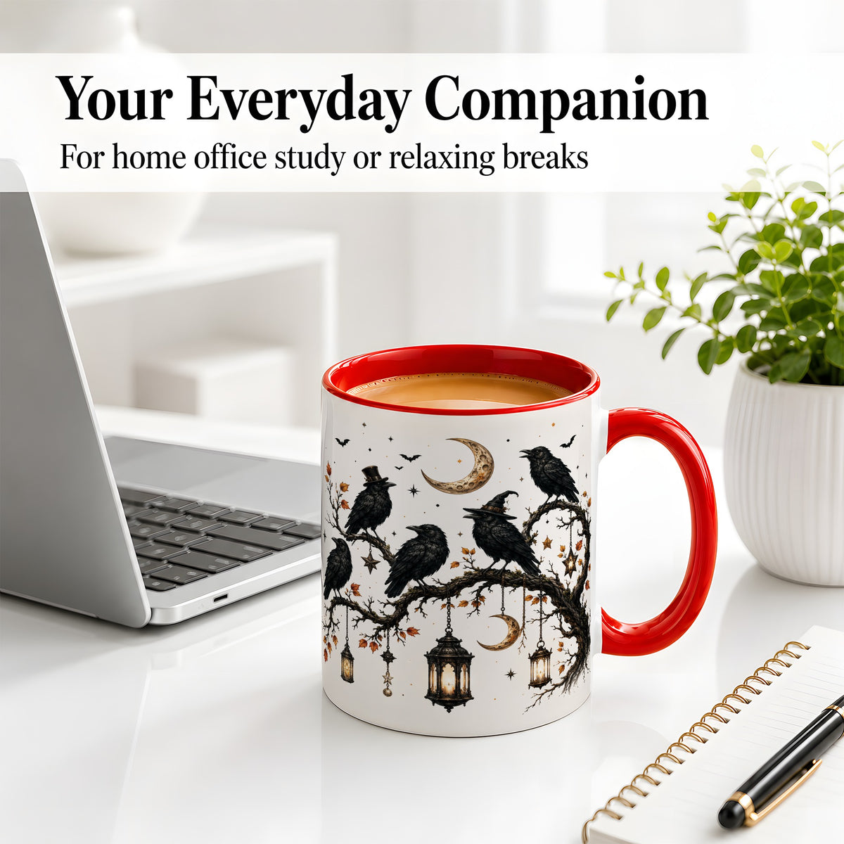 #pl[11oz|Red] Witchy Raven Ceramic Coffee Cup, Mug with Moon Lantern Artwork