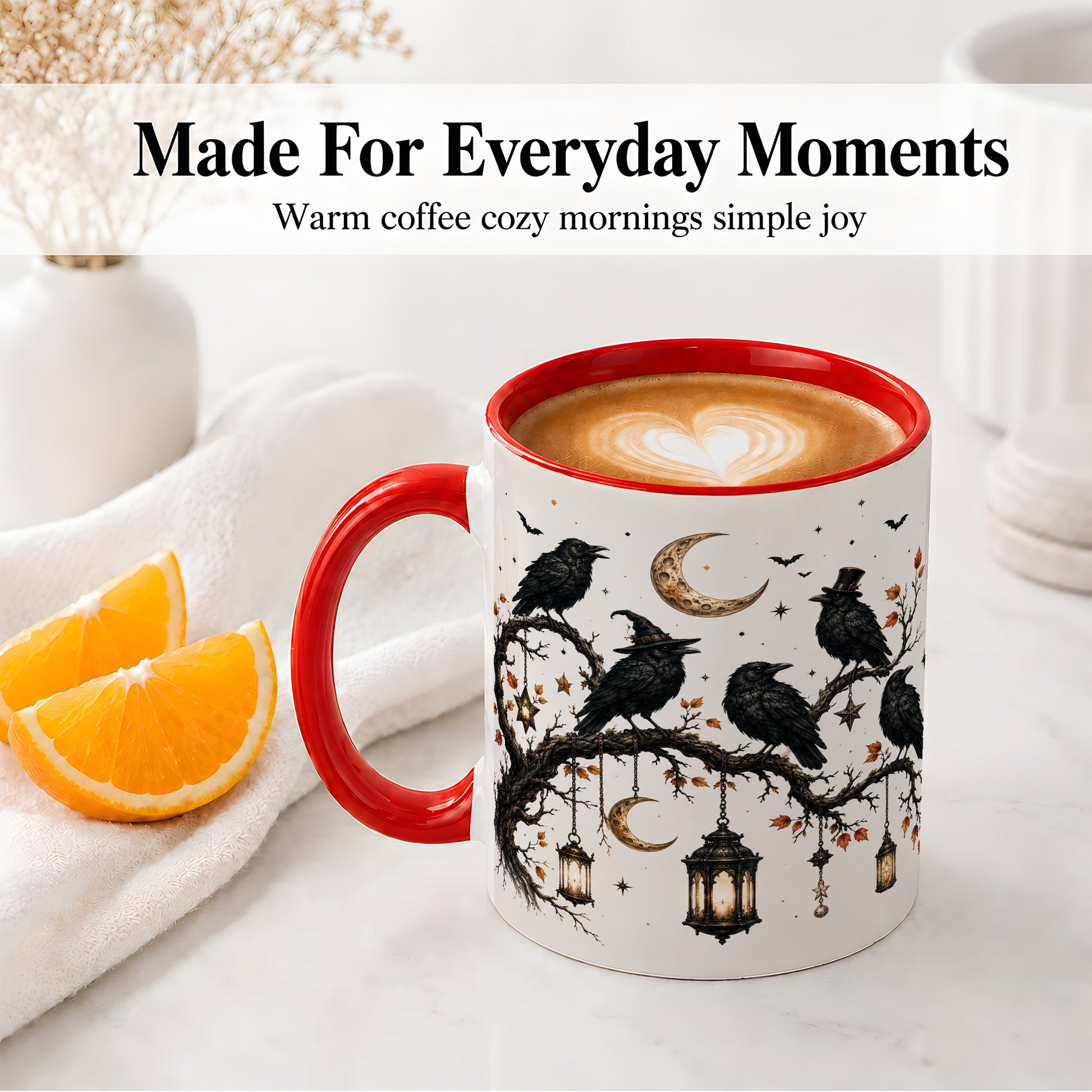 #pl[11oz|Red] Witchy Raven Ceramic Coffee Cup, Mug with Moon Lantern Artwork