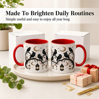 #pl[11oz|Red] Witchy Raven Ceramic Coffee Cup, Mug with Moon Lantern Artwork