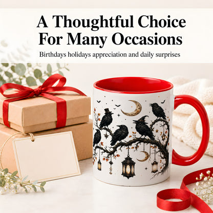 #pl[11oz|Red] Witchy Raven Ceramic Coffee Cup, Mug with Moon Lantern Artwork