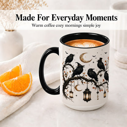 #pl[15oz|Black] Witchy Raven Ceramic Coffee Cup, Mug with Moon Lantern Artwork
