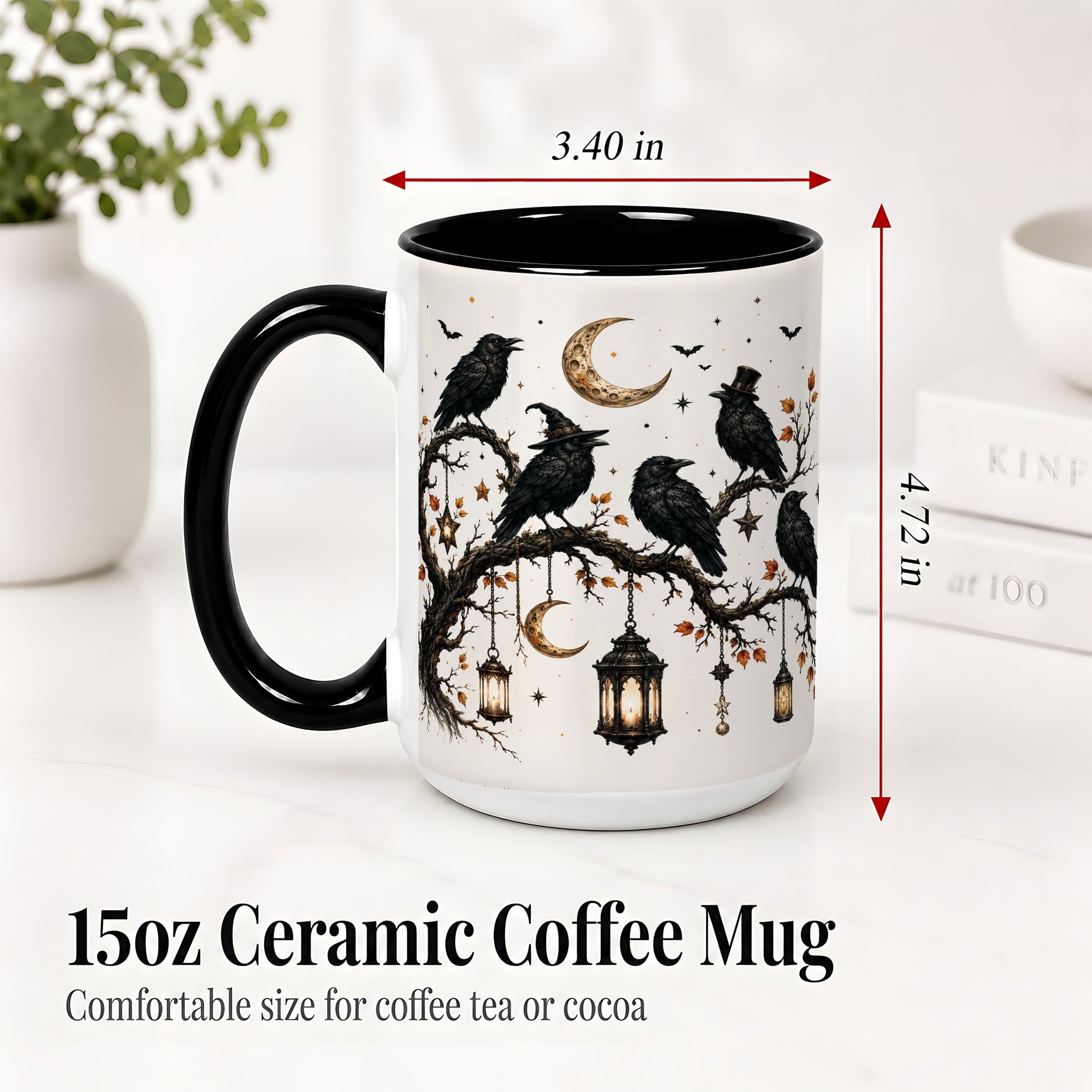 #pl[15oz|Black] Witchy Raven Ceramic Coffee Cup, Mug with Moon Lantern Artwork