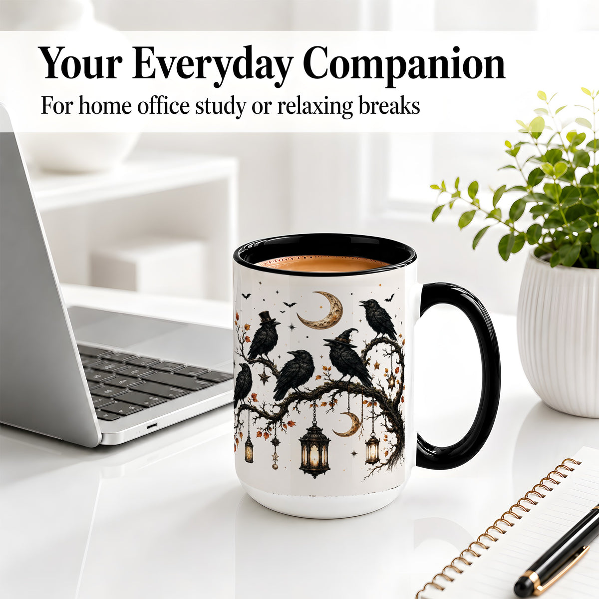 #pl[15oz|Black] Witchy Raven Ceramic Coffee Cup, Mug with Moon Lantern Artwork